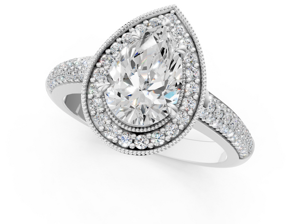 White gold Pear Cut Halo Diamond Pave Band with Four-Prong Setting