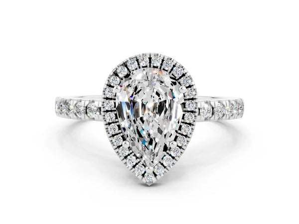 Platinum Pear Cut Moissanite Classic Halo Engagement Ring with Round Pavé Band and Prong Setting