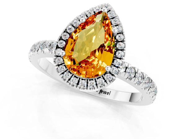 Platinum Pear Cut Citrine Classic Halo Engagement Ring with Round Pavé Band and Prong Setting