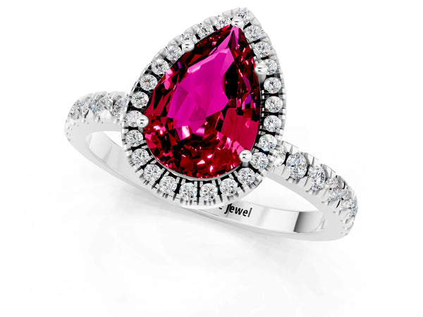 Silver Pear Cut Garnet Classic Halo Engagement Ring with Round Pavé Band and Prong Setting