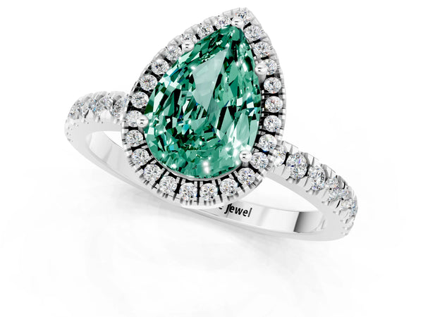 Platinum Pear Cut Green Sapphire Classic Halo Engagement Ring with Round Pavé Band and Prong Setting
