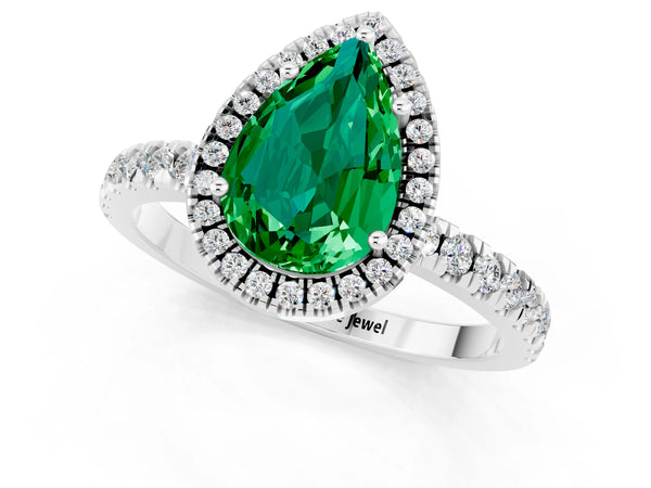 Silver Pear Cut Emerald Classic Halo Engagement Ring with Round Pavé Band and Prong Setting