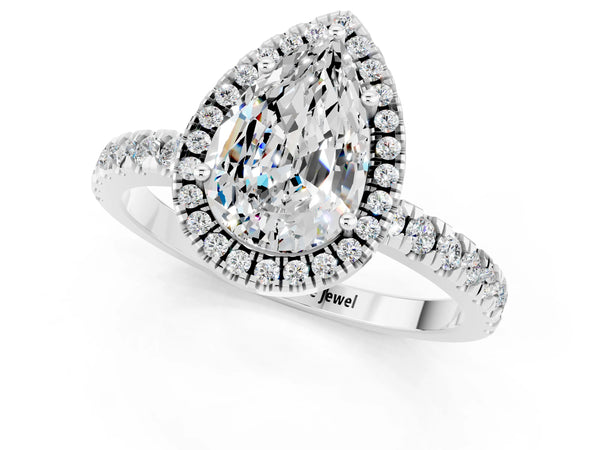 White gold Pear Cut Moissanite Classic Halo Engagement Ring with Round Pavé Band and Prong Setting