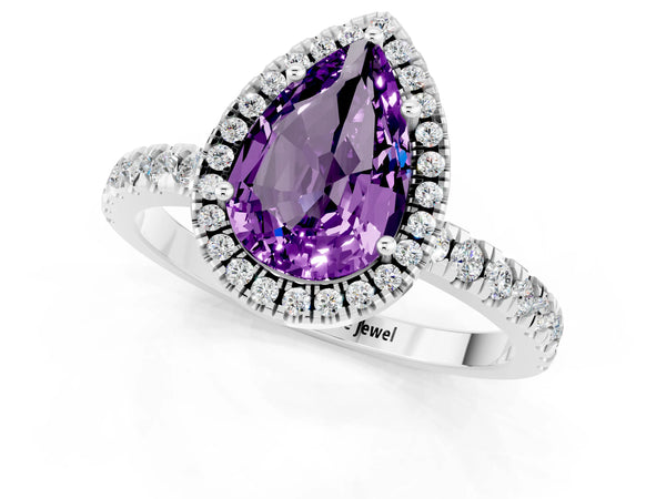Platinum Pear Cut Amethyst Classic Halo Engagement Ring with Round Pavé Band and Prong Setting