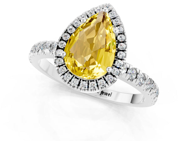 Platinum Pear Cut Yellow Sapphire Classic Halo Engagement Ring with Round Pavé Band and Prong Setting