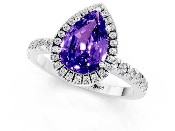 Silver Pear Cut Tanzanite Classic Halo Engagement Ring with Round Pavé Band and Prong Setting