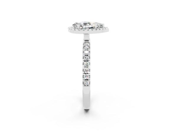 Platinum Pear Cut Moissanite Classic Halo Engagement Ring with Round Pavé Band and Prong Setting