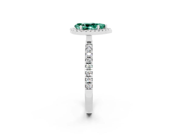 Platinum Pear Cut Green Sapphire Classic Halo Engagement Ring with Round Pavé Band and Prong Setting