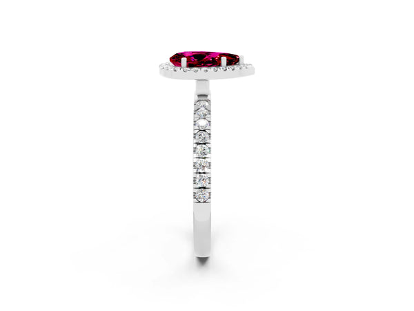 Platinum Pear Cut Garnet Classic Halo Engagement Ring with Round Pavé Band and Prong Setting