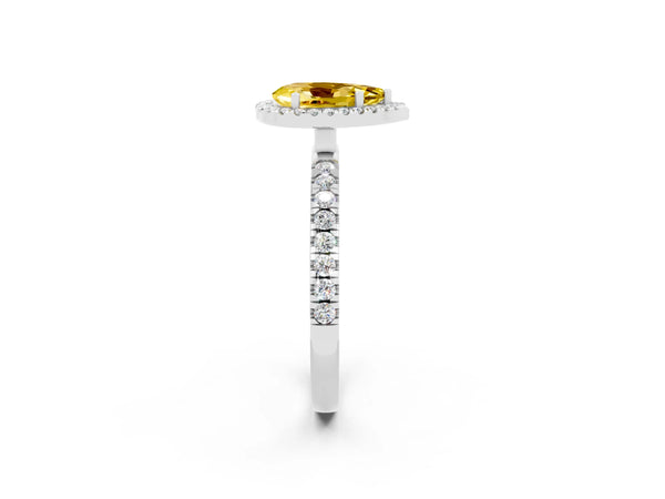 Platinum Pear Cut Yellow Sapphire Classic Halo Engagement Ring with Round Pavé Band and Prong Setting