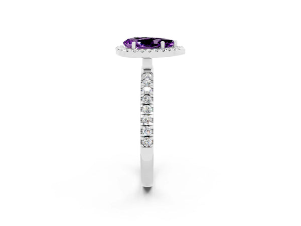 Silver Pear Cut Amethyst Classic Halo Engagement Ring with Round Pavé Band and Prong Setting