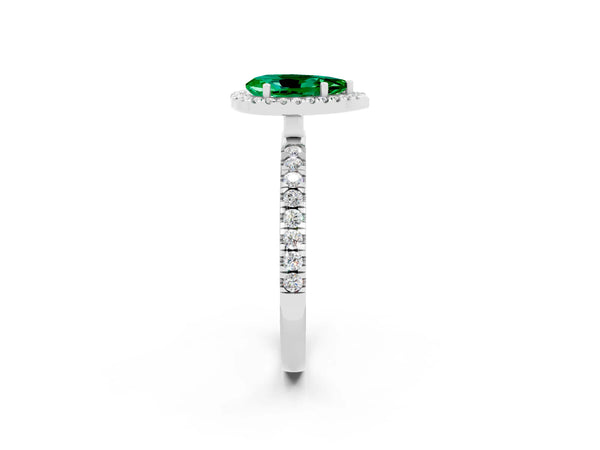 Silver Pear Cut Emerald Classic Halo Engagement Ring with Round Pavé Band and Prong Setting
