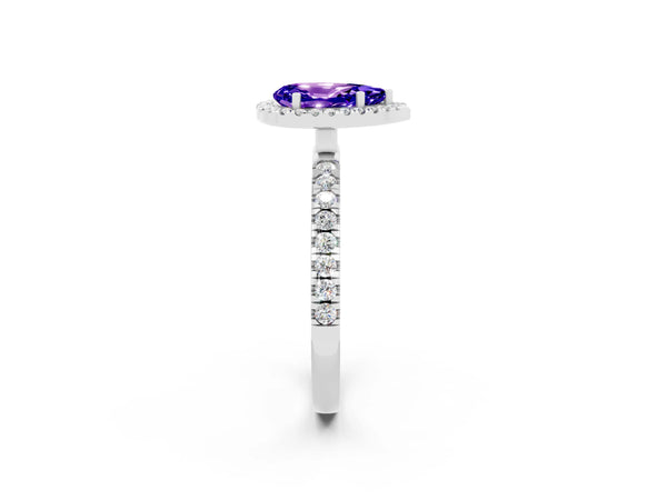 White gold Pear Cut Tanzanite Classic Halo Engagement Ring with Round Pavé Band and Prong Setting