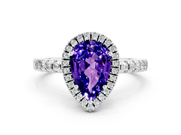 Platinum Pear Cut Tanzanite Classic Halo Engagement Ring with Round Pavé Band and Prong Setting