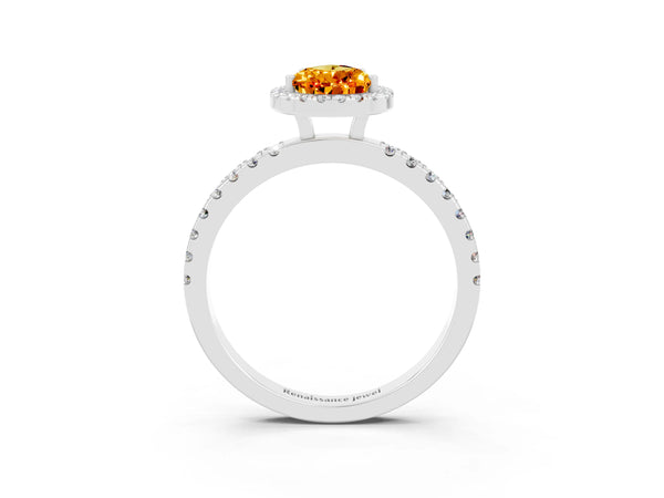 White gold Pear Cut Citrine Classic Halo Engagement Ring with Round Pavé Band and Prong Setting