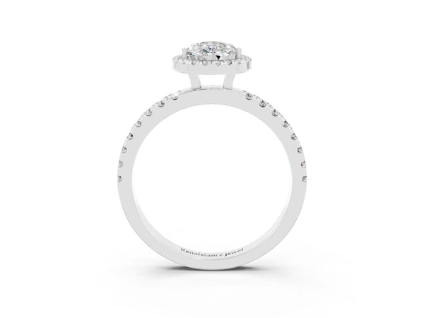 Silver Pear Cut Moissanite Classic Halo Engagement Ring with Round Pavé Band and Prong Setting
