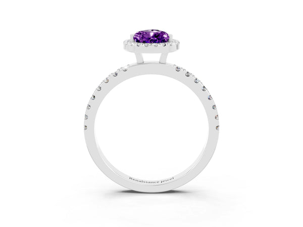 Platinum Pear Cut Amethyst Classic Halo Engagement Ring with Round Pavé Band and Prong Setting
