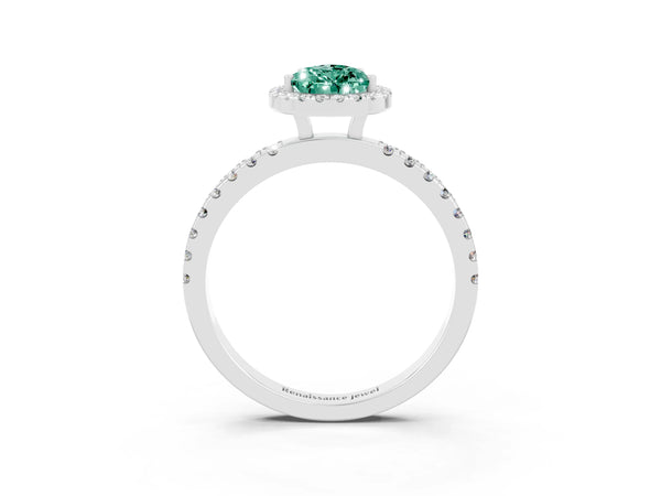 Silver Pear Cut Green Sapphire Classic Halo Engagement Ring with Round Pavé Band and Prong Setting