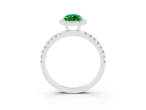 Silver Pear Cut Emerald Classic Halo Engagement Ring with Round Pavé Band and Prong Setting