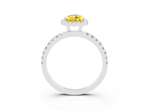 Silver Pear Cut Yellow Sapphire Classic Halo Engagement Ring with Round Pavé Band and Prong Setting
