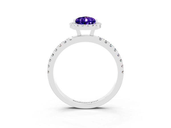 Silver Pear Cut Tanzanite Classic Halo Engagement Ring with Round Pavé Band and Prong Setting