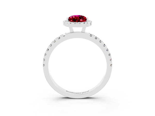Silver Pear Cut Garnet Classic Halo Engagement Ring with Round Pavé Band and Prong Setting