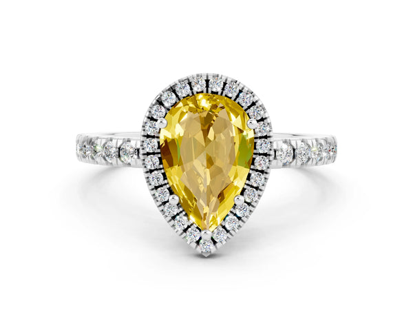 Silver Pear Cut Yellow Sapphire Classic Halo Engagement Ring with Round Pavé Band and Prong Setting