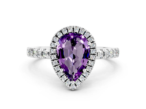 Platinum Pear Cut Amethyst Classic Halo Engagement Ring with Round Pavé Band and Prong Setting
