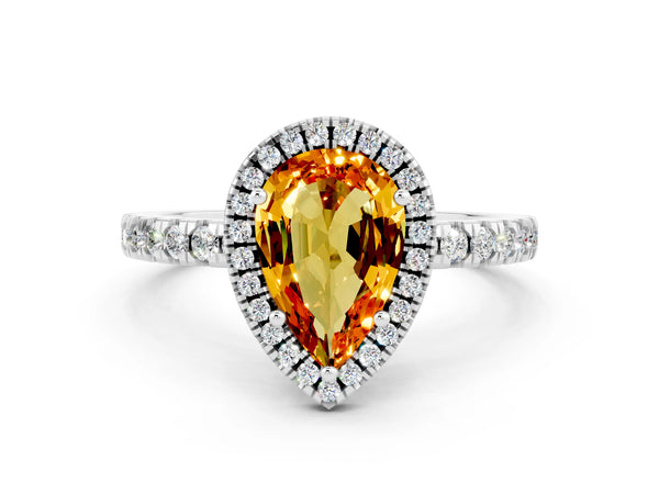 Platinum Pear Cut Citrine Classic Halo Engagement Ring with Round Pavé Band and Prong Setting