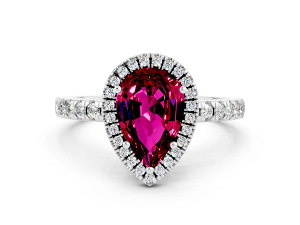Silver Pear Cut Garnet Classic Halo Engagement Ring with Round Pavé Band and Prong Setting