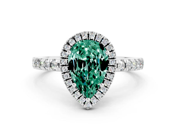 Silver Pear Cut Green Sapphire Classic Halo Engagement Ring with Round Pavé Band and Prong Setting