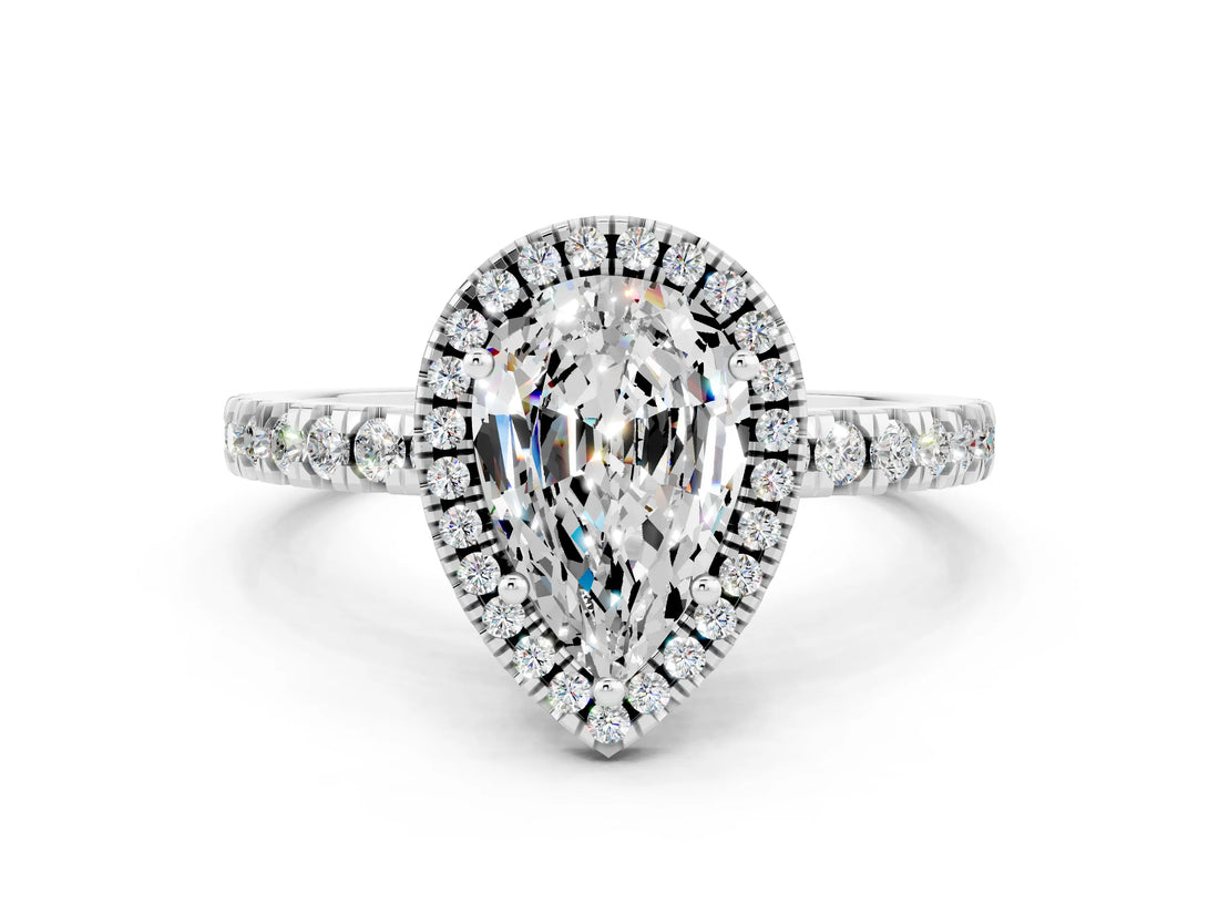White gold Pear Cut Halo Diamond Pave Band with Prong Setting