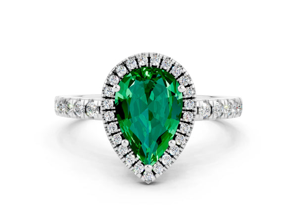 Silver Pear Cut Emerald Classic Halo Engagement Ring with Round Pavé Band and Prong Setting