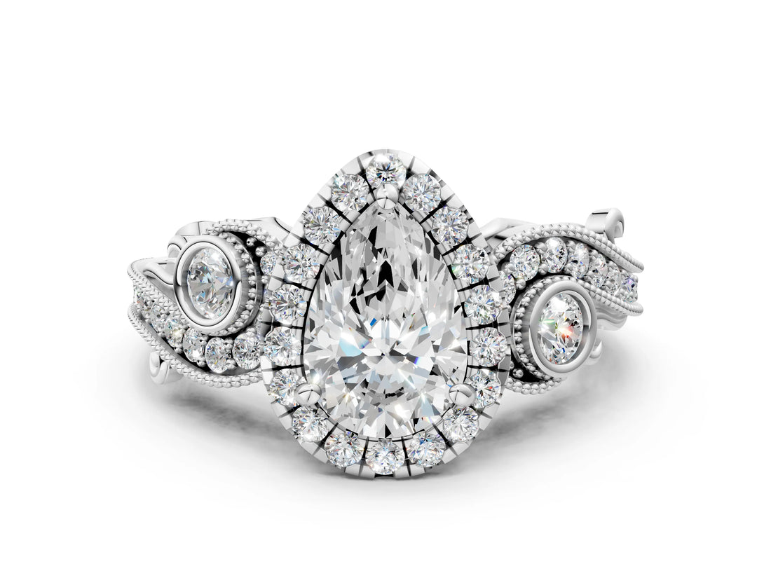 White gold Pear Cut Halo Diamond Ring with Milgrain and Bezel Accents on a Split Shank Band_15