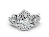 White gold Pear Cut Halo Diamond Ring with Milgrain and Bezel Accents on a Split Shank Band_15