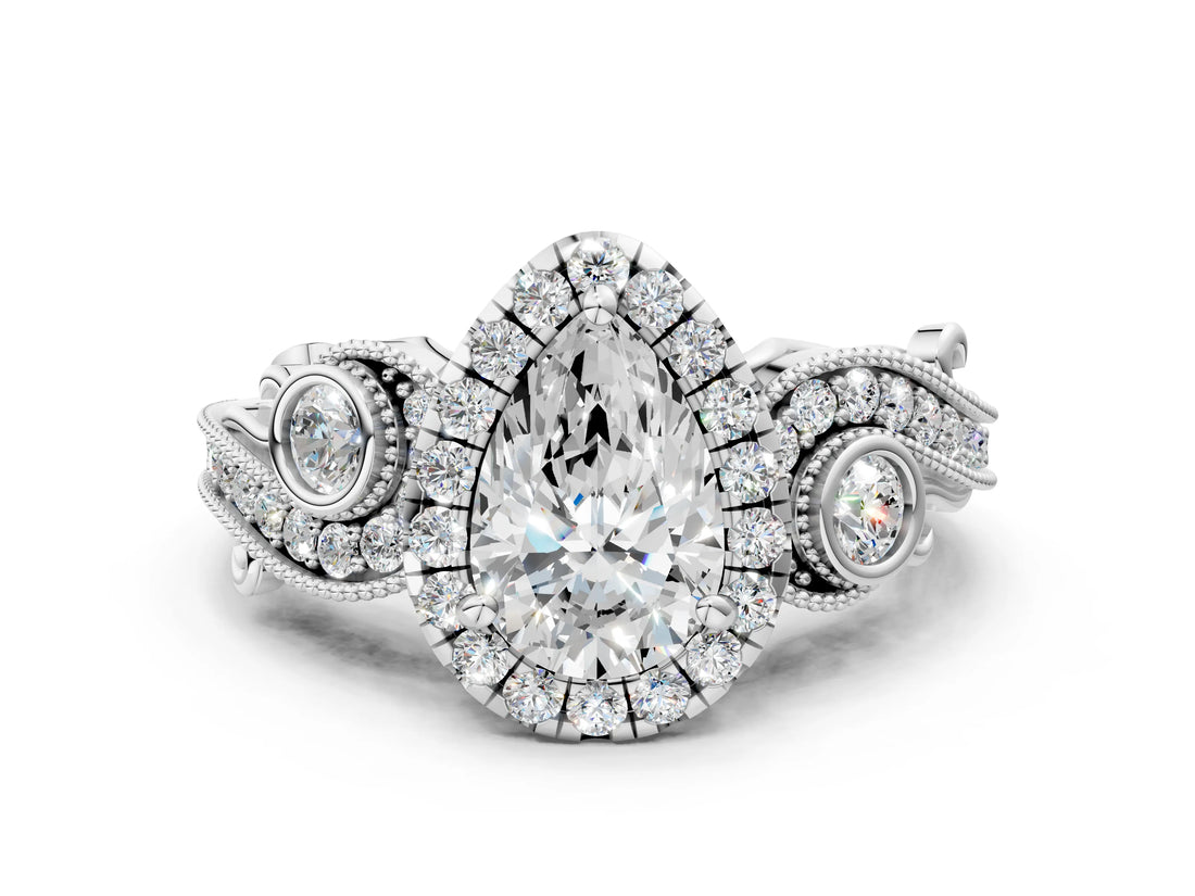 White gold Pear Cut Halo Diamond Ring with Milgrain and Bezel Accents on a Split Shank Band_16