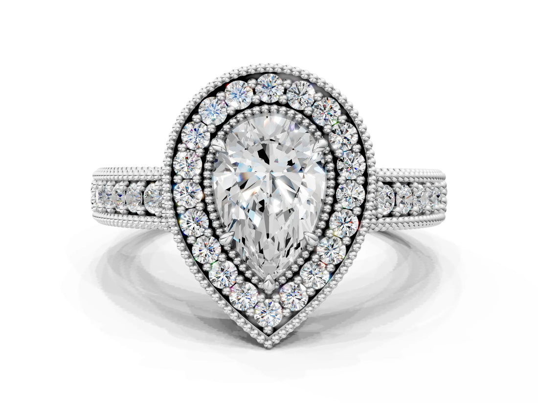 White gold Pear Cut Halo Diamond Ring with Pavé Band and Four-Prong Setting_91