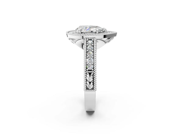 Platinum Pear-Shaped Vintage Milgrain Halo Engagement Ring Setting with Pave Band and Engraving