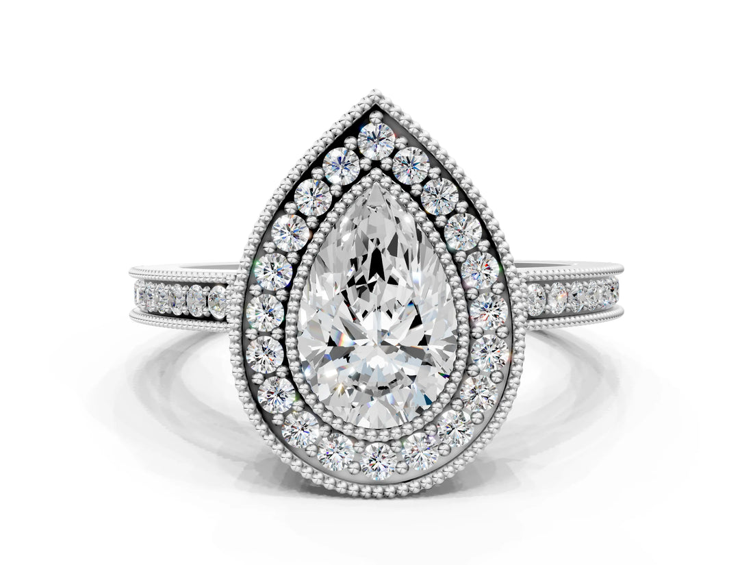 White gold Pear Cut Halo Diamond Ring with Pavé Band and Milgrain Prong Setting_28