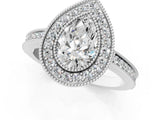White gold Pear Cut Halo Diamond Ring with Pavé Band and Milgrain Prong Setting_29