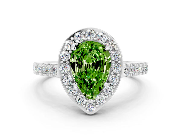 Platinum Pear Cut Halo Diamond Ring with Pavé Band and Three-Prong Setting