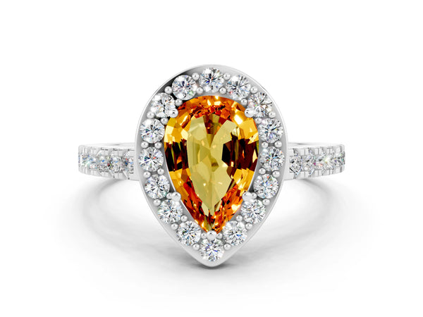 Silver Pear Cut Citrine Halo Ring with Round Pavé Split Shank and Prong Setting