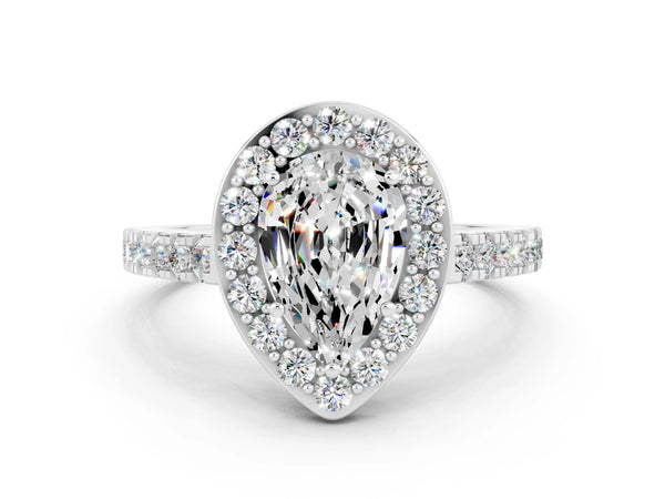 Silver Pear Cut Moissanite Halo Ring with Round Pavé Split Shank and Prong Setting