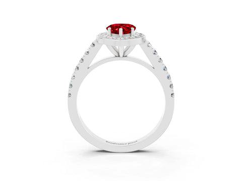 White gold Pear Cut Halo Diamond Ring with Pavé Band and Three-Prong Setting_10