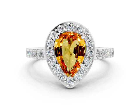 White gold Pear Cut Halo Diamond Ring with Pavé Band and Three-Prong Setting_10