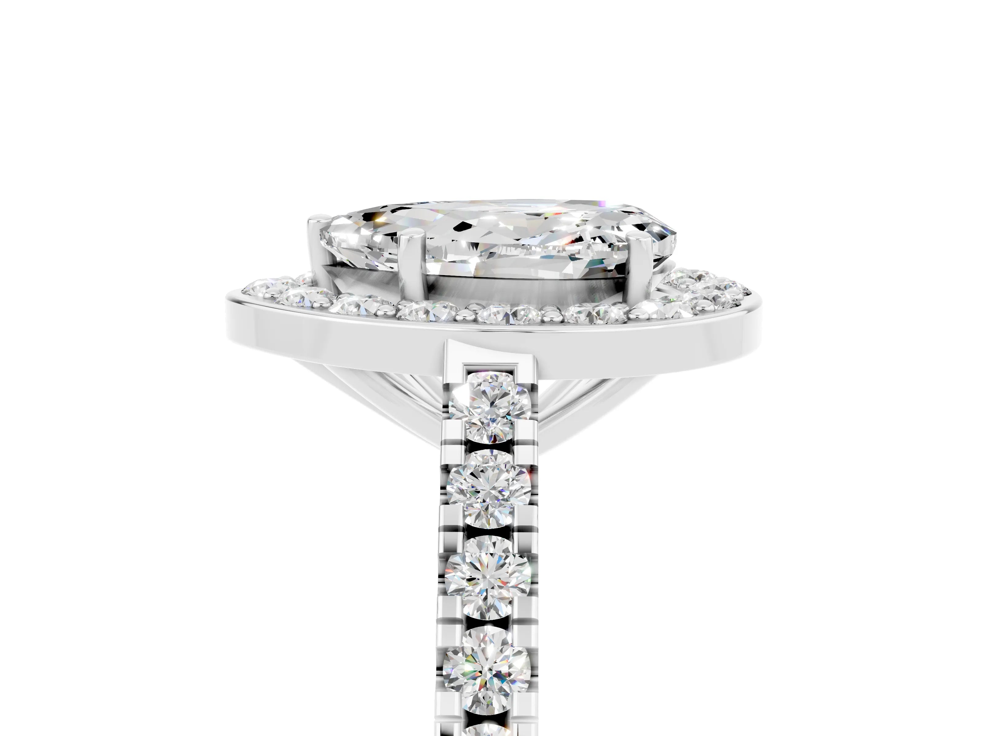 White gold Pear Cut Halo Diamond Ring with Pavé Band and Three-Prong Setting_11