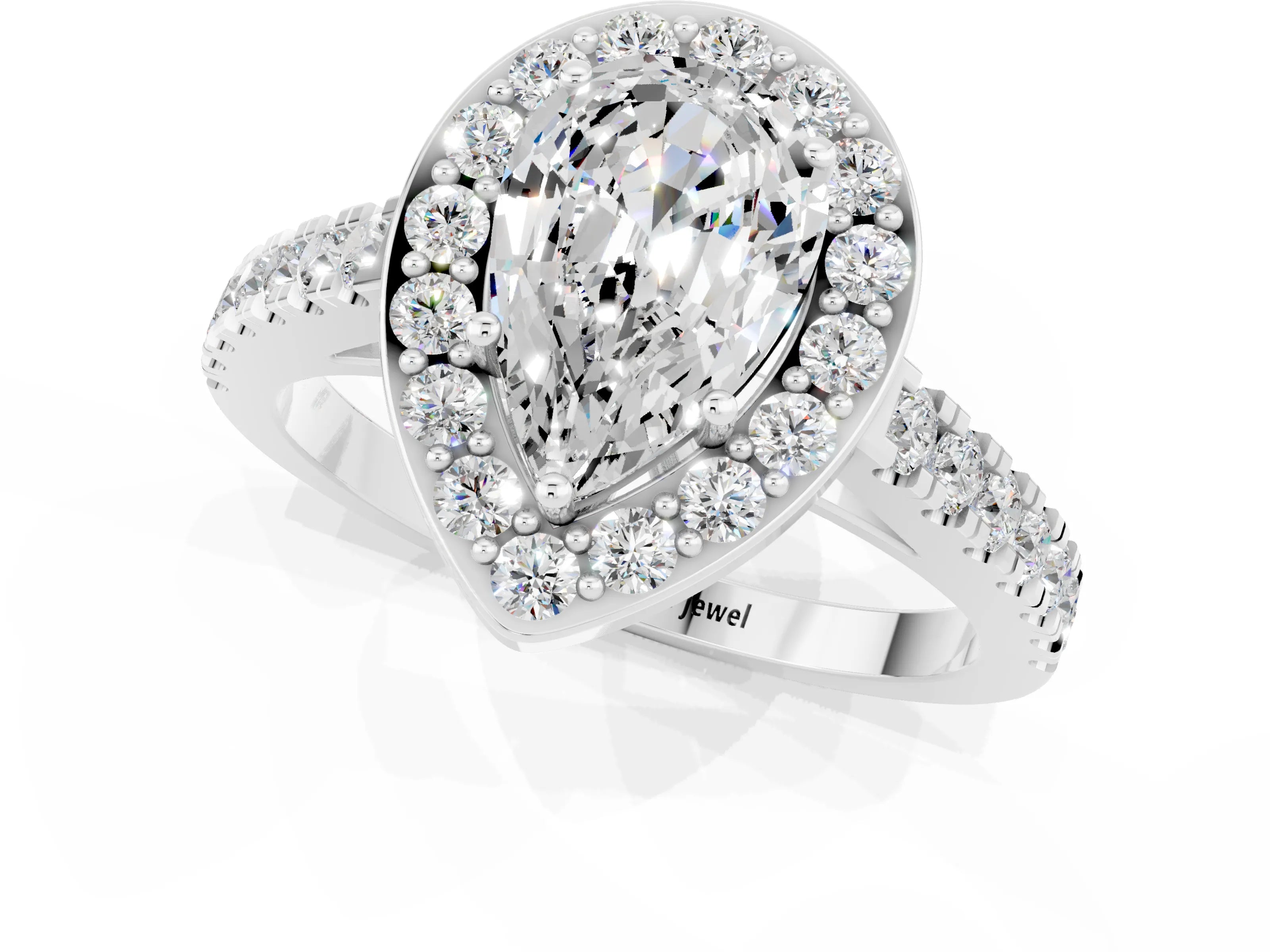 White gold Pear Cut Halo Diamond Ring with Pavé Band and Three-Prong Setting_11