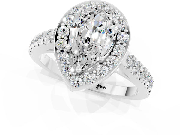 Silver Pear Cut Moissanite Halo Ring with Round Pavé Split Shank and Prong Setting