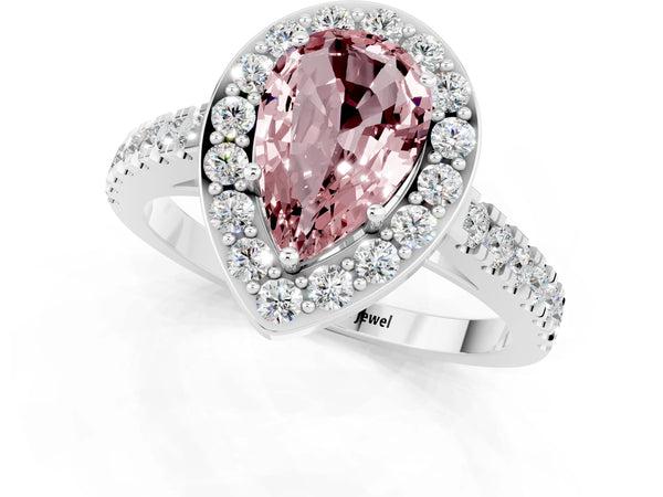 Silver Pear Cut Halo Diamond Ring with Pavé Band and Three-Prong Setting