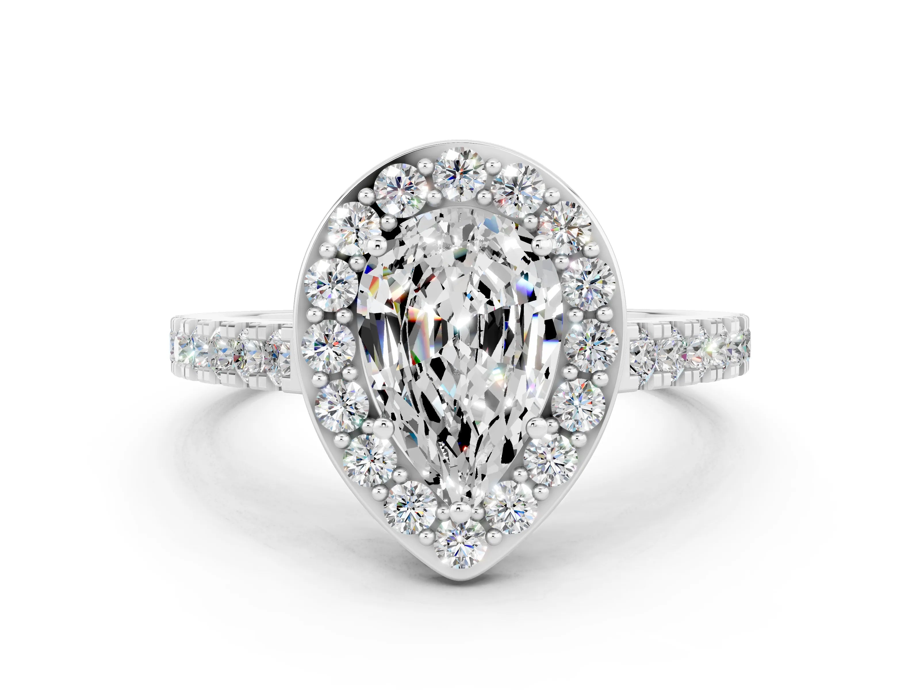 White gold Pear Cut Halo Diamond Ring with Pavé Band and Three-Prong Setting_12